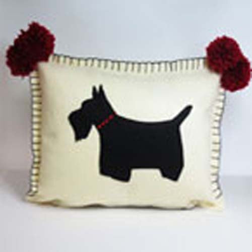 Scottie Felt Pillow with Pom Poms