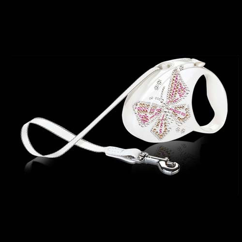 Flexi Glam line Butterfly retractable leash shown in white with Pink Swarovski Crystals