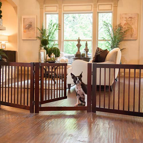 Primetime Configurable Gate with gate door open and sitting dog