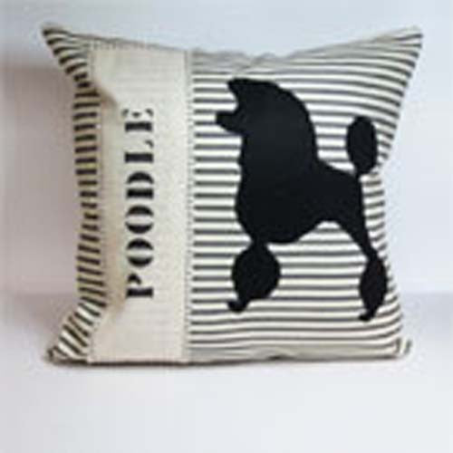 French Poodle appliqued pillow on Black/Creme ticking stripe
